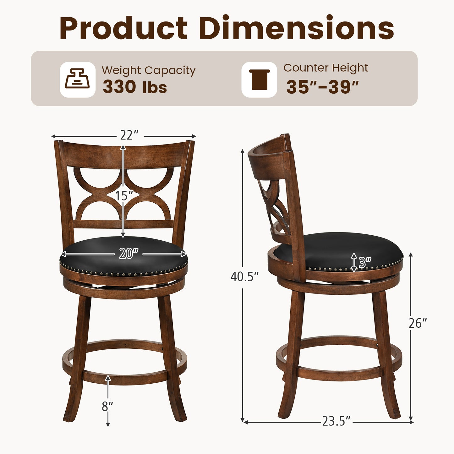 Swivel Bar Stools Set of 2 with High Backrest and Wood Frame-24 Inches, Espresso Bar Stools at Gallery Canada