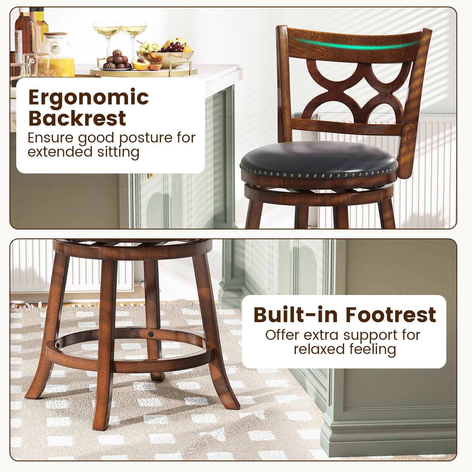 Swivel Bar Stools Set of 2 with High Backrest and Wood Frame-24 Inches, Espresso Bar Stools at Gallery Canada