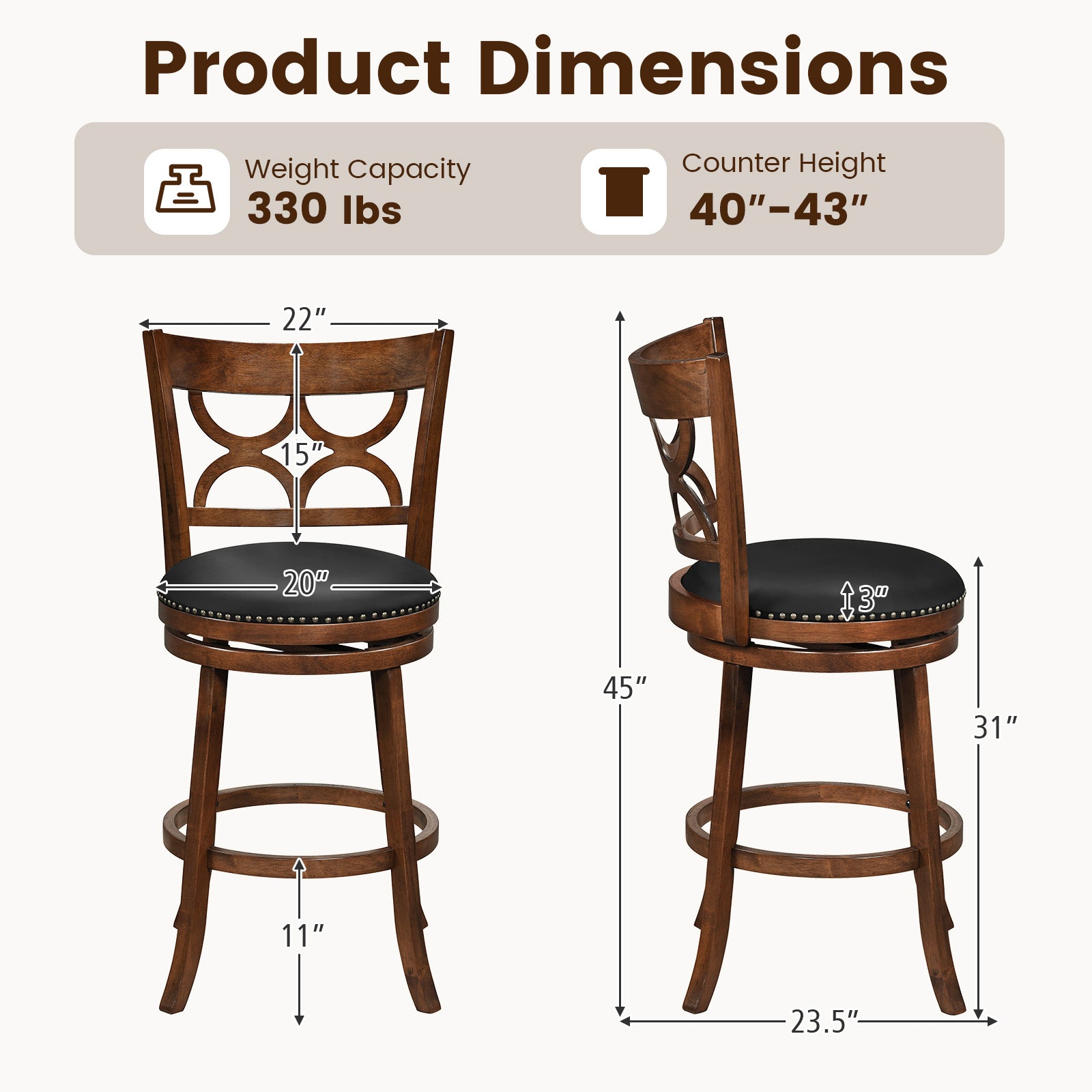 Swivel Bar Stools Set of 2 with High Backrest and Wood Frame-29 Inches, Espresso Bar Stools at Gallery Canada