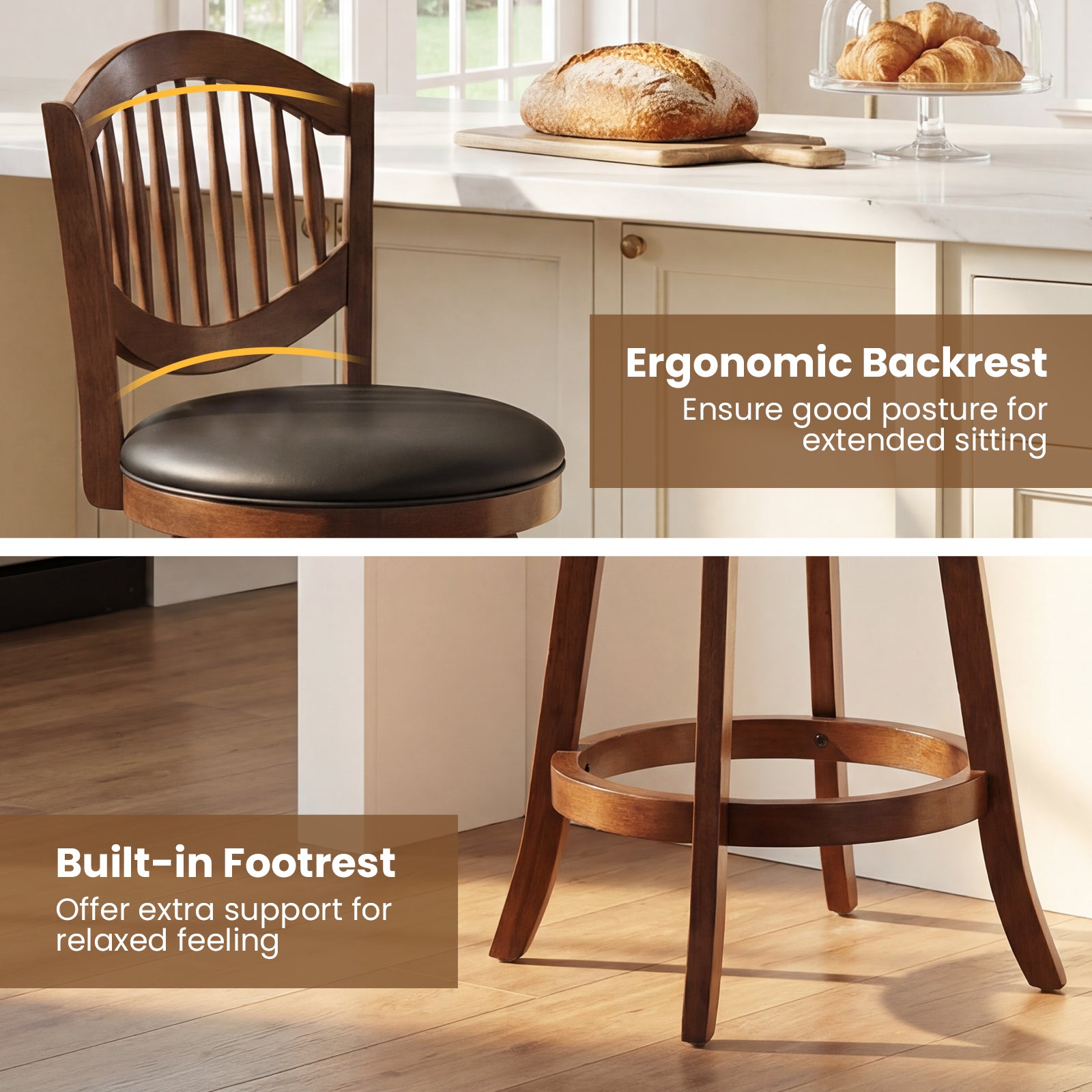 Swivel Bar Stools Set of 2 with Backrest and Wood Frame-25 Inches, Espresso Bar Stools at Gallery Canada
