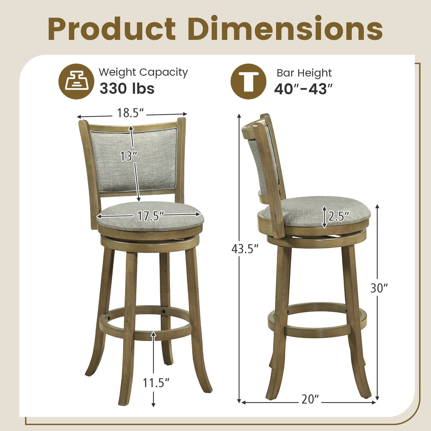 Swivel Bar Stools, Set of 2, Soft-Padded Back and Seat, Gray Bar Stools at Gallery Canada