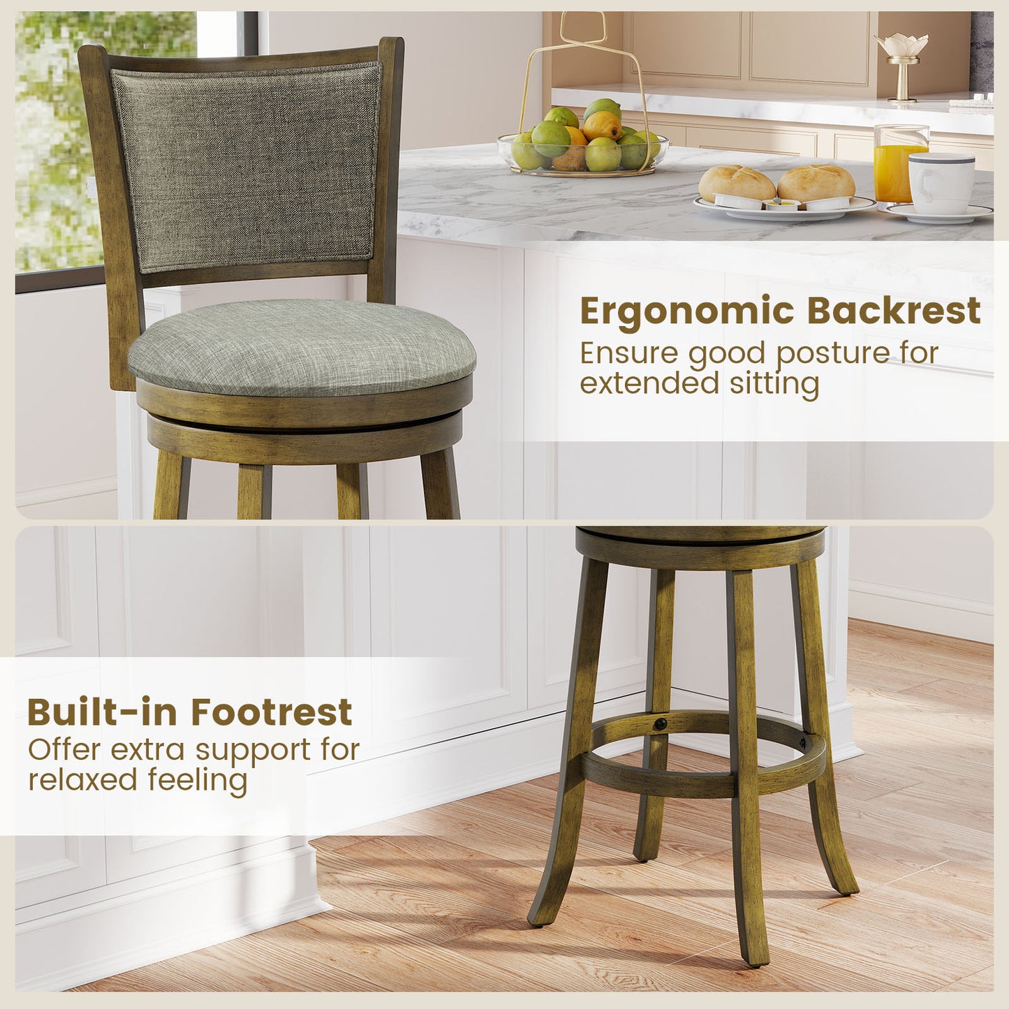 Swivel Bar Stools, Set of 2, Soft-Padded Back and Seat, Gray Bar Stools at Gallery Canada