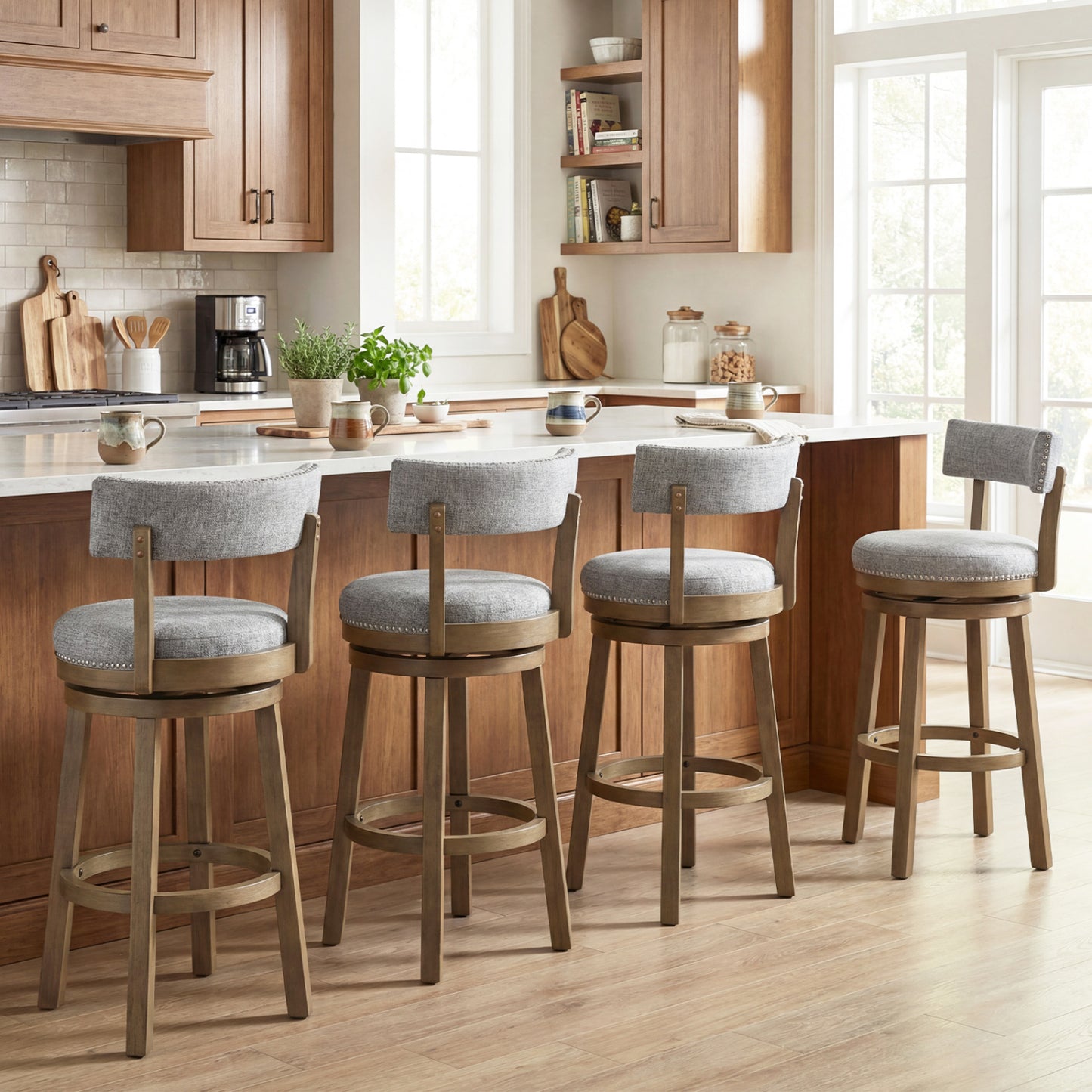 Swivel Bar Stools Set Of 2, 31.5 Inches, Linen Fabric Upholstered, Gray Bar Stools at Gallery Canada