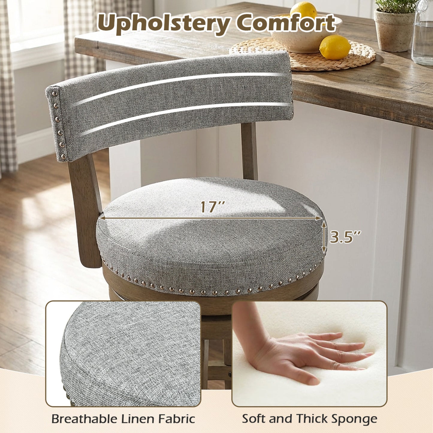 Swivel Bar Stools Set Of 2, 31.5 Inches, Linen Fabric Upholstered, Gray Bar Stools at Gallery Canada