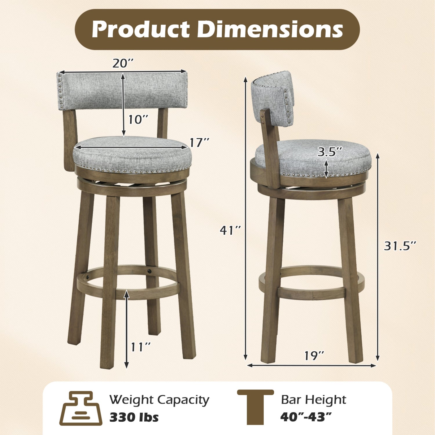 Swivel Bar Stools Set Of 2, 31.5 Inches, Linen Fabric Upholstered, Gray Bar Stools at Gallery Canada