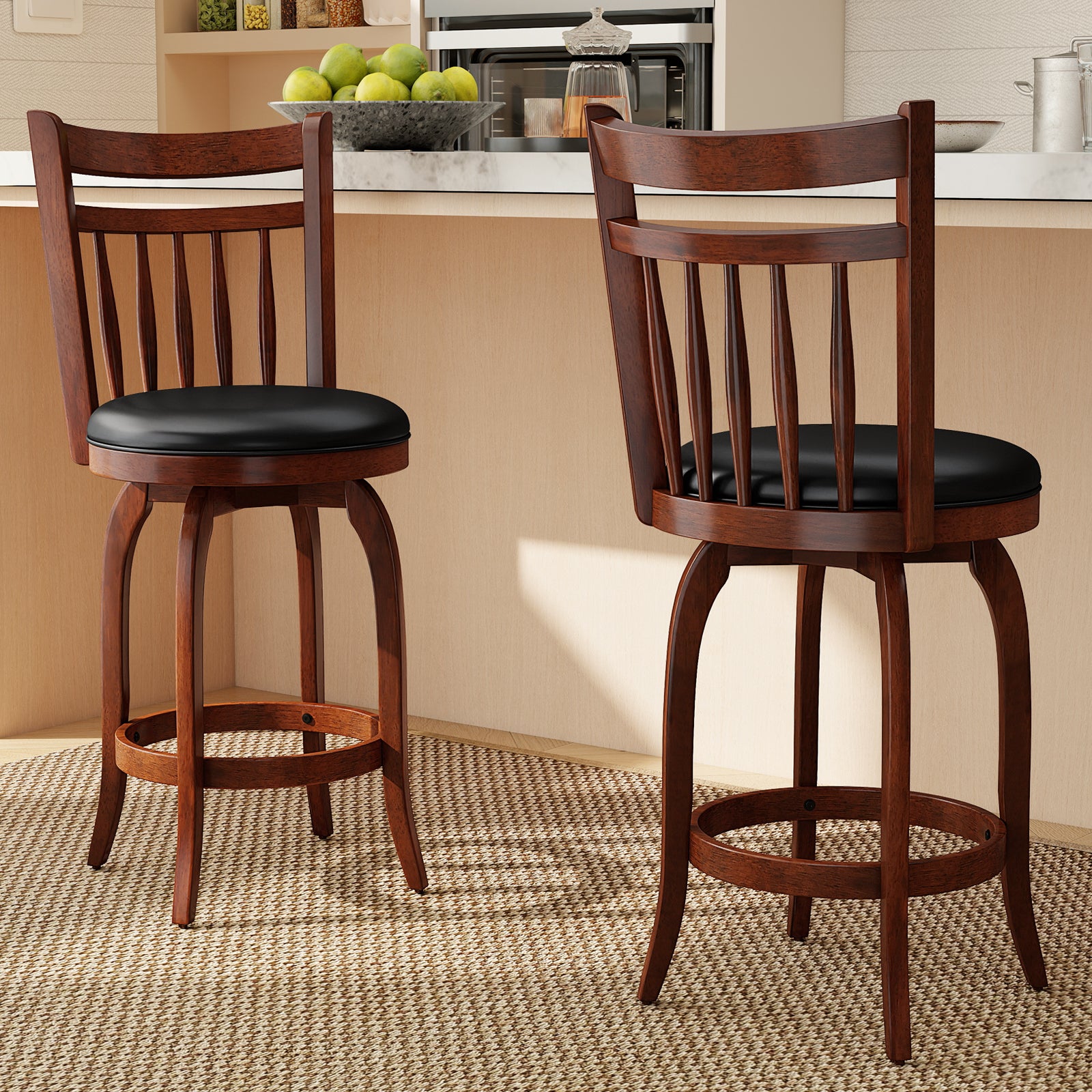 Swivel Bar Stools Set Of 2, 24 Inches, Faux Leather Upholstered, Black Bar Stools at Gallery Canada