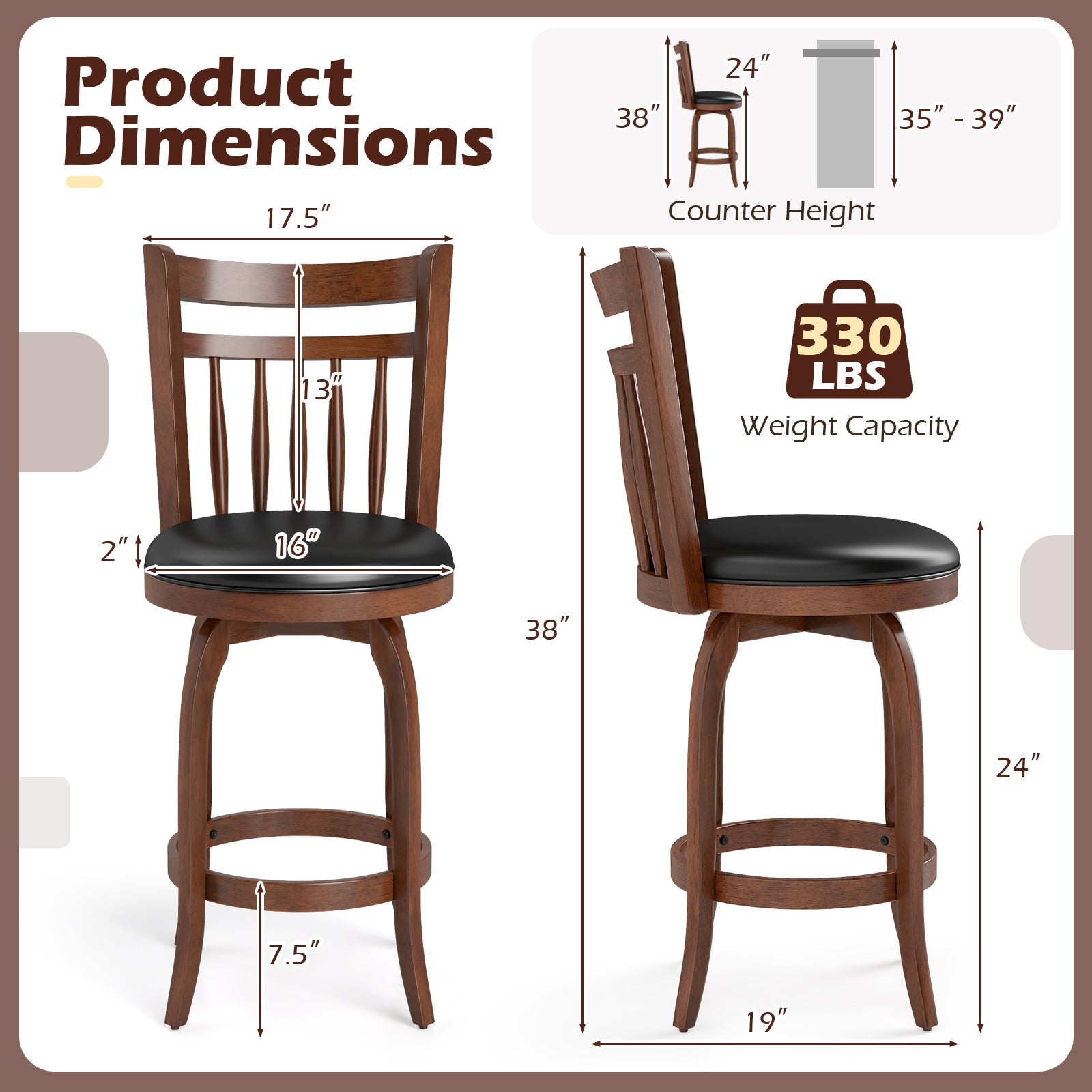 Swivel Bar Stools Set Of 2, 24 Inches, Faux Leather Upholstered, Black Bar Stools at Gallery Canada