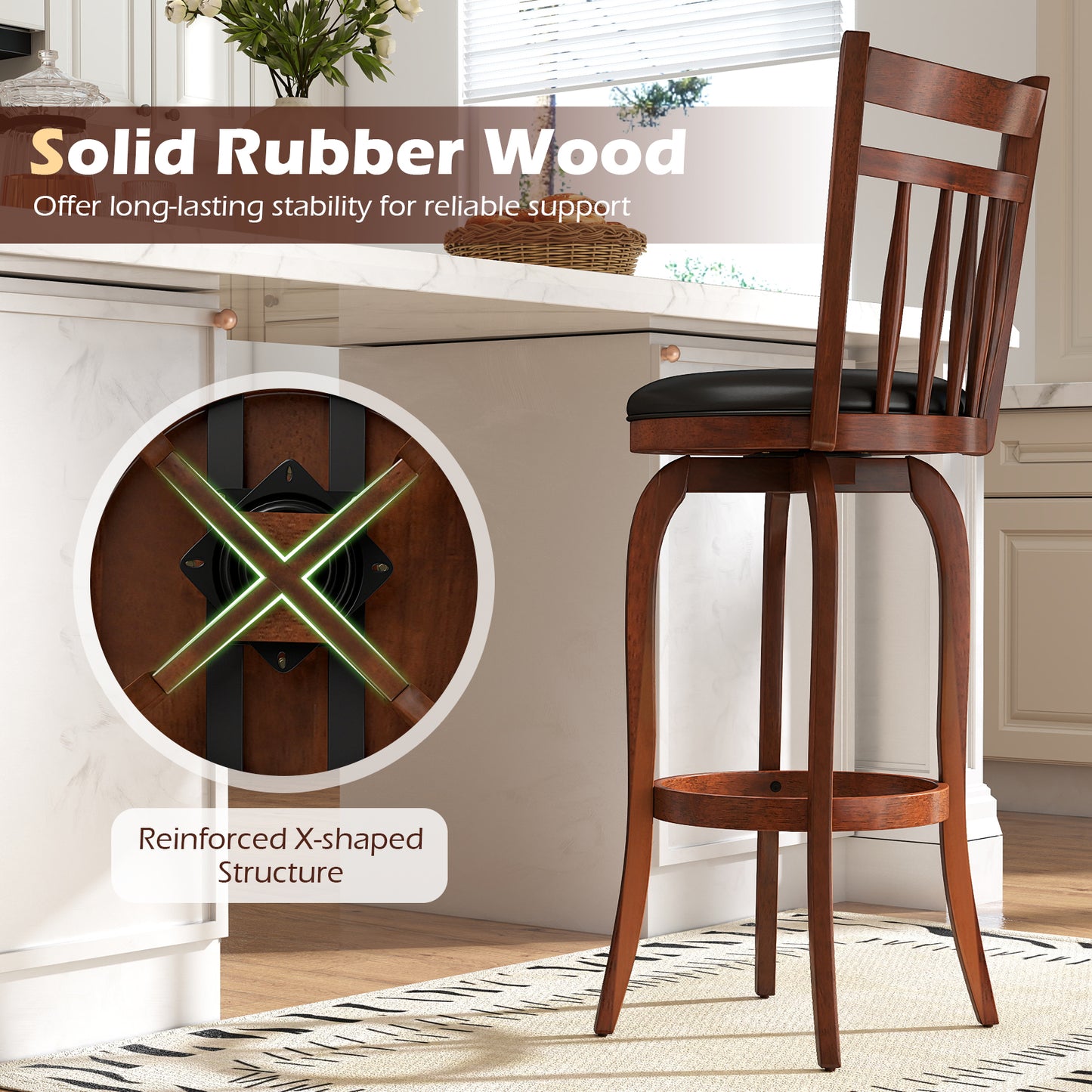 Swivel Bar Stools Set Of 2, 24 Inches, Faux Leather Upholstered, Black Bar Stools at Gallery Canada