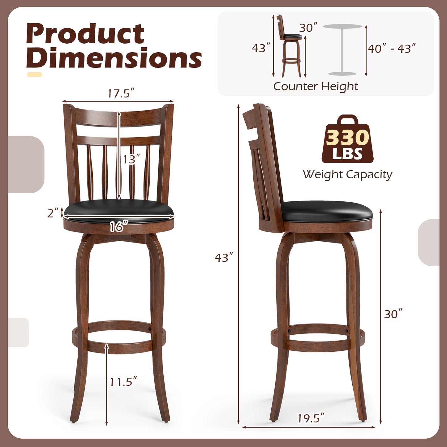 Swivel Bar Stools Set Of 2, 29 Inches, Faux Leather Upholstered, Black Bar Stools at Gallery Canada