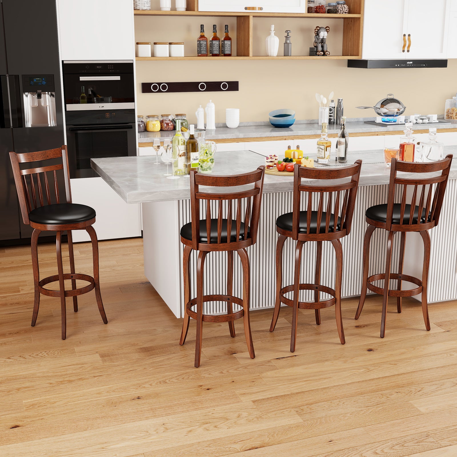 Swivel Bar Stools Set Of 2, 29 Inches, Faux Leather Upholstered, Black Bar Stools at Gallery Canada
