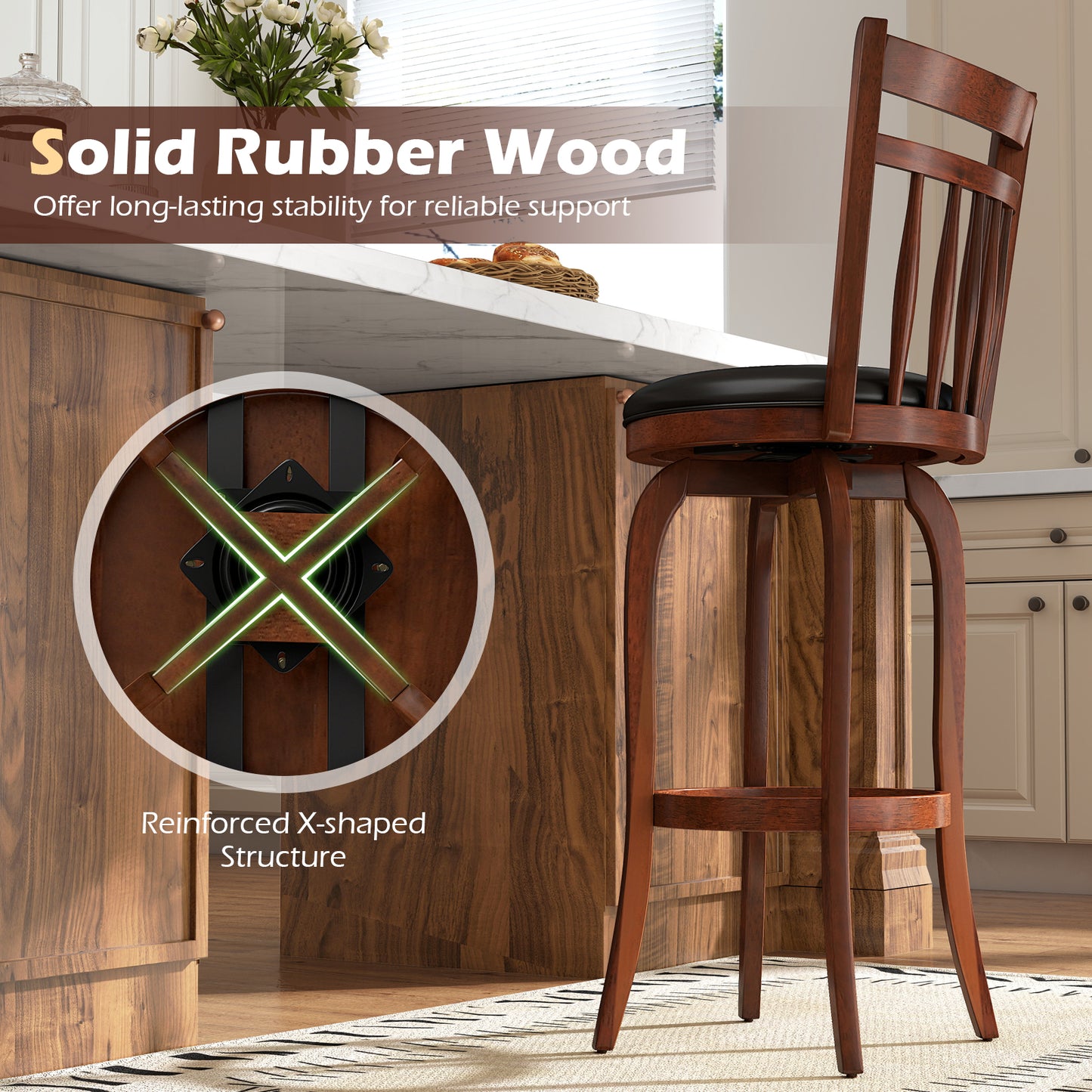 Swivel Bar Stools Set Of 2, 29 Inches, Faux Leather Upholstered, Black Bar Stools at Gallery Canada