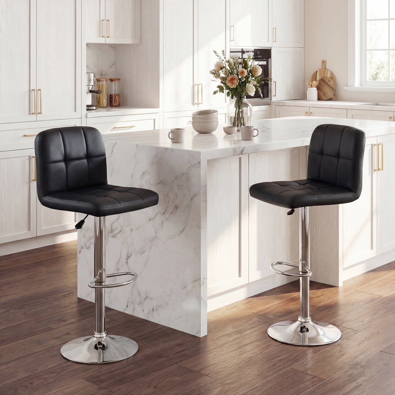 Swivel Bar Stools Set Of 2, With Footrests And Metal Base, Black Bar Stools at Gallery Canada