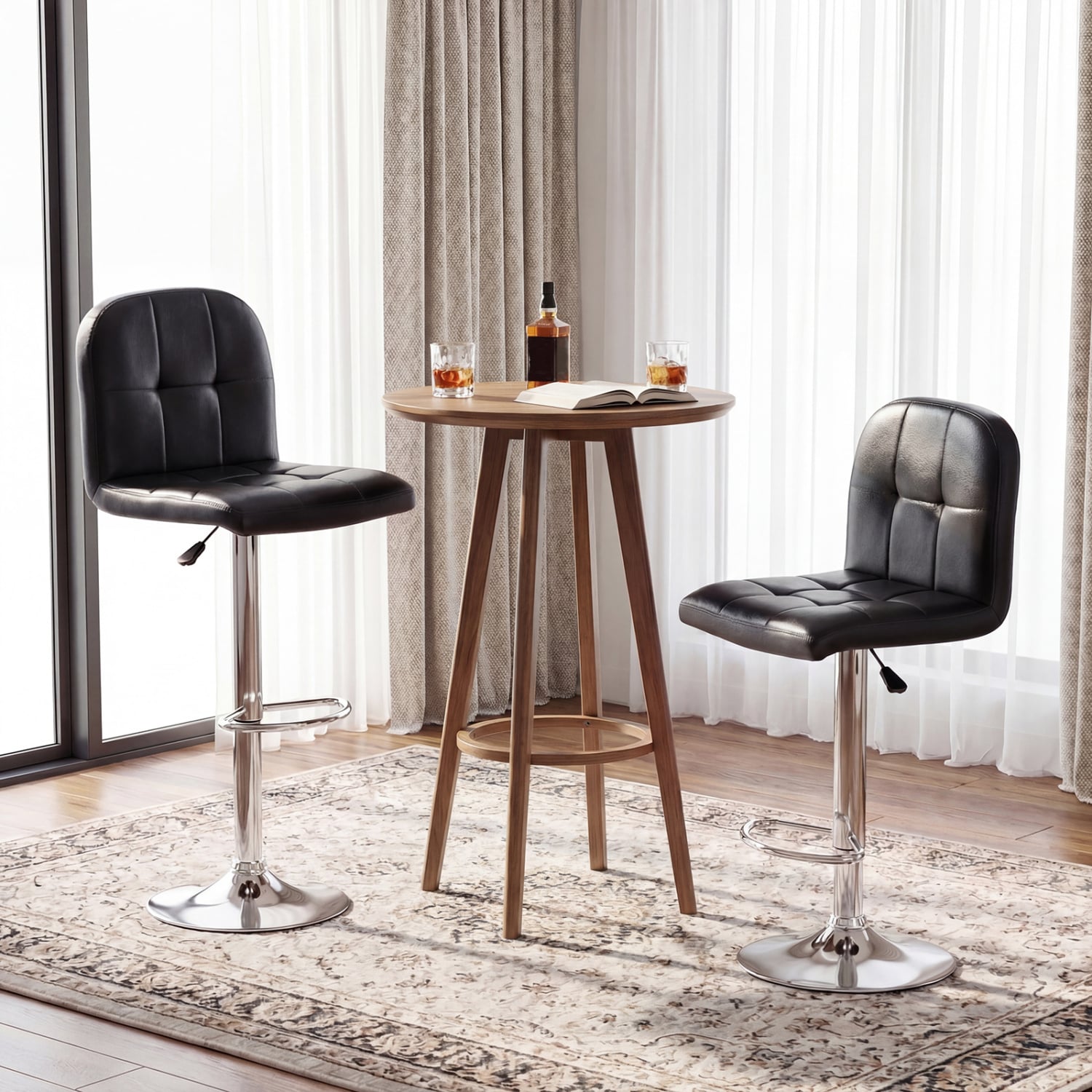 Swivel Bar Stools Set Of 2, With Footrests And Metal Base, Black Bar Stools at Gallery Canada