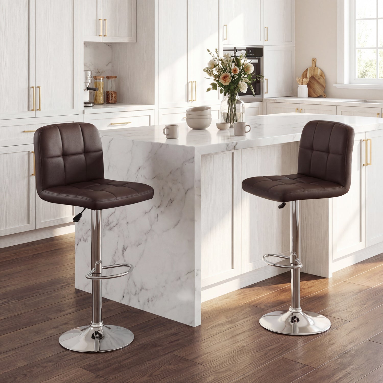 Swivel Bar Stools Set Of 2, With Footrests And Metal Base, Brown Bar Stools at Gallery Canada