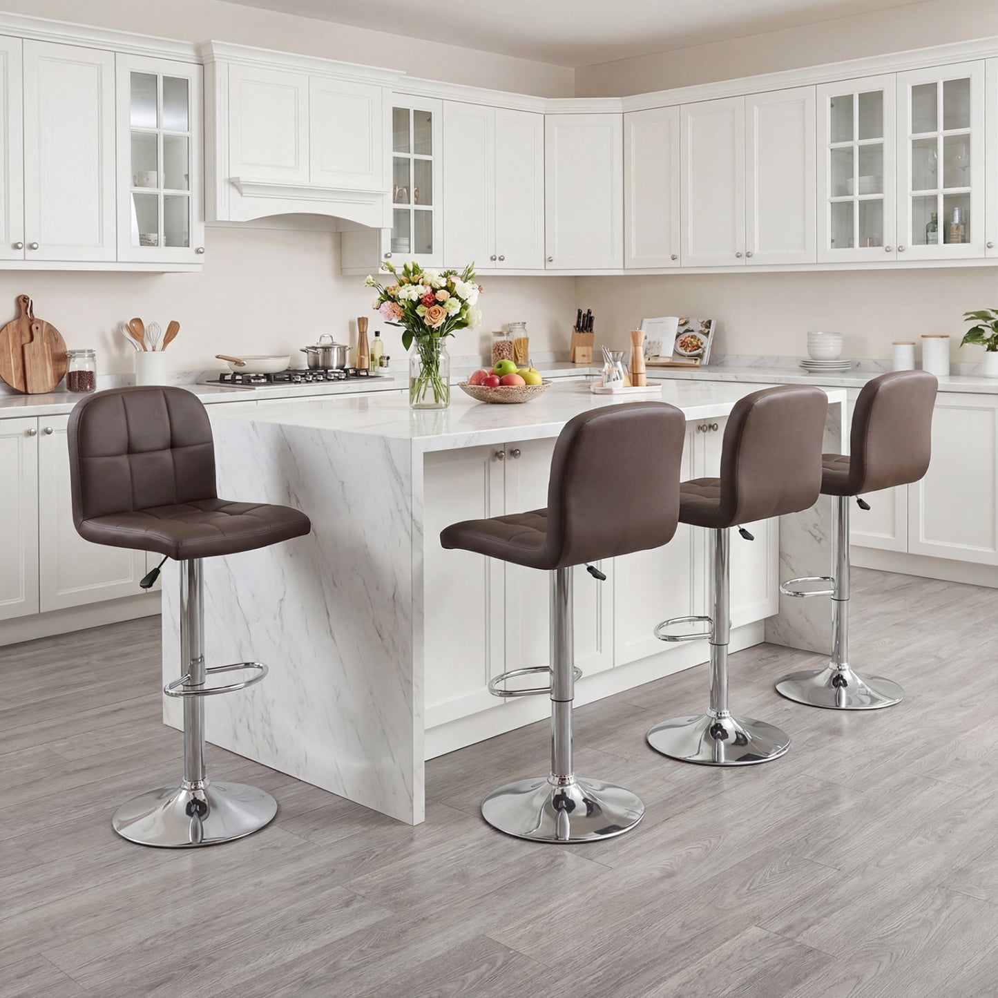 Swivel Bar Stools Set Of 2, With Footrests And Metal Base, Brown Bar Stools at Gallery Canada