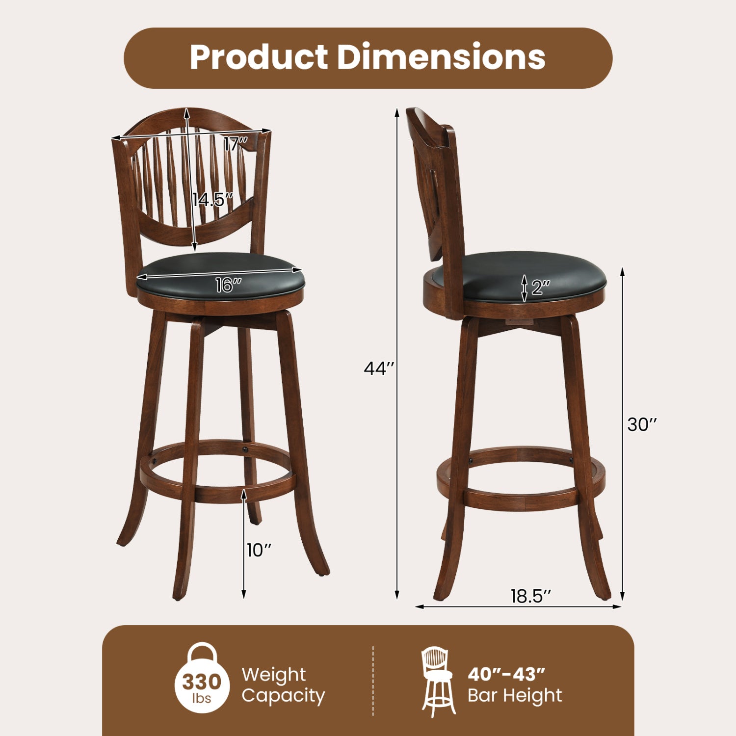 Swivel Bar Stools Set of 2 with Backrest and Wood Frame-30 Inches, Espresso Bar Stools at Gallery Canada