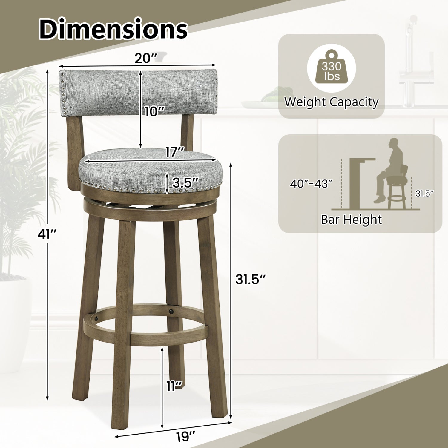 Swivel Bar Stools Set Of 2, 31.5 Inches, Linen Fabric Upholstered, Gray Bar Stools at Gallery Canada