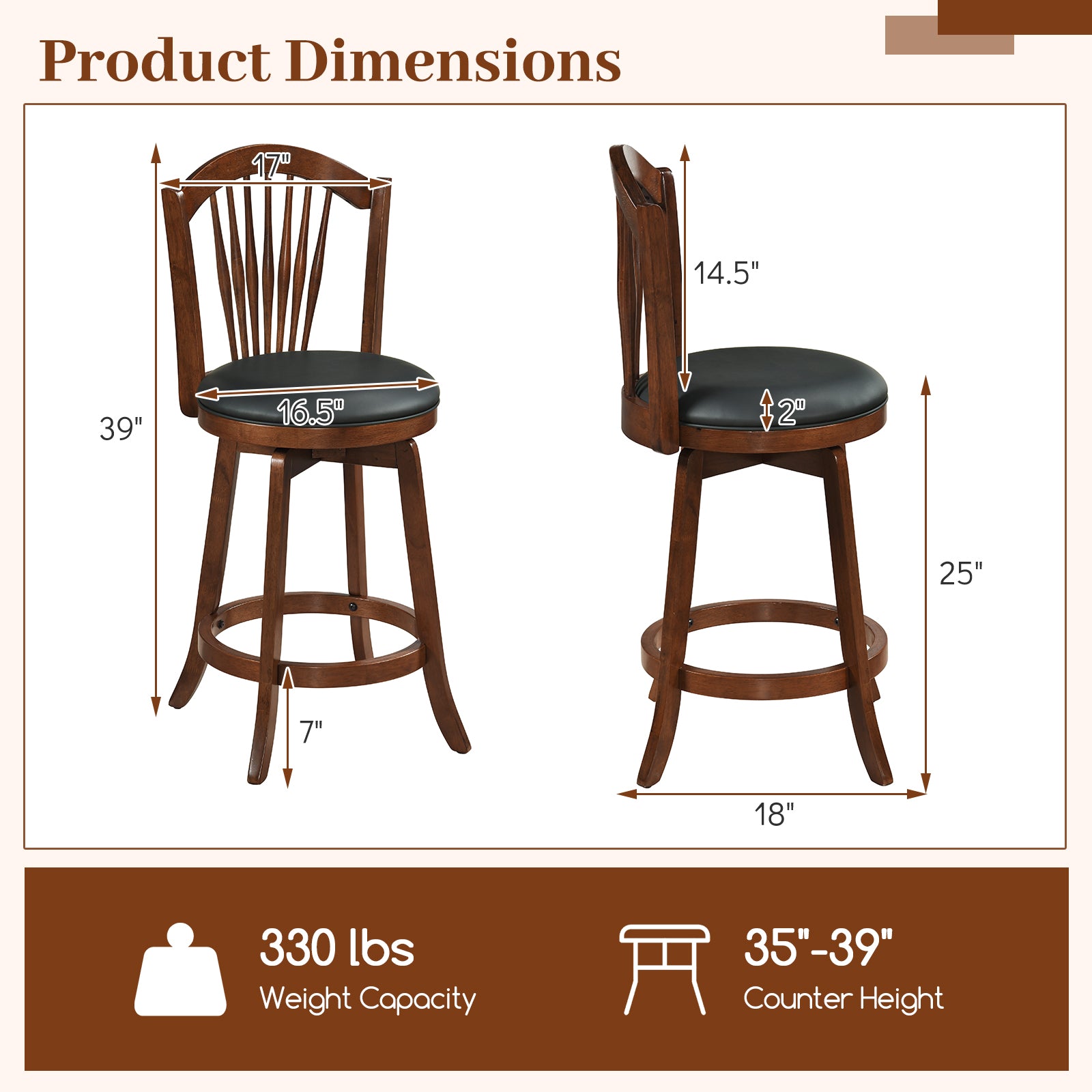Swivel Bar Stool With Backrest, Wood Frame, 24 Inch Bar Stools at Gallery Canada