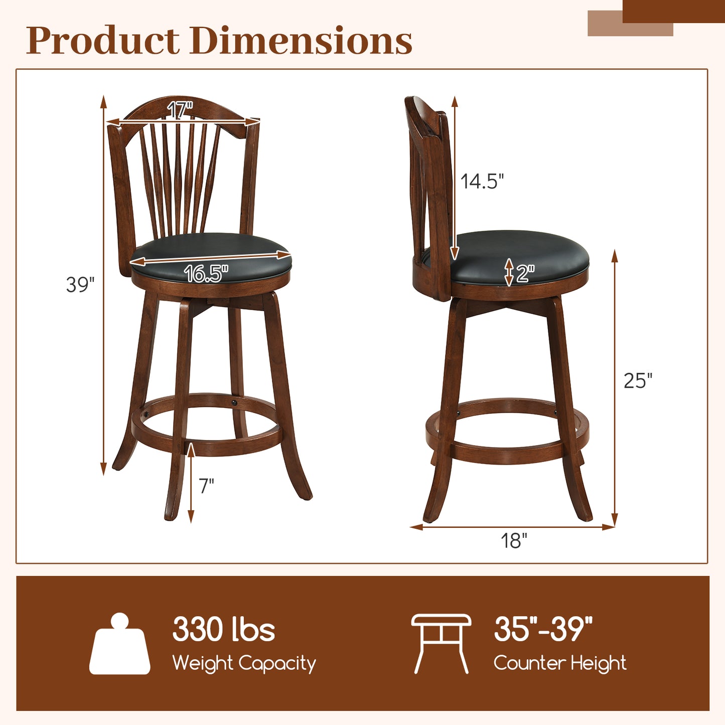 Swivel Bar Stool With Backrest, Wood Frame, 24 Inch Bar Stools at Gallery Canada