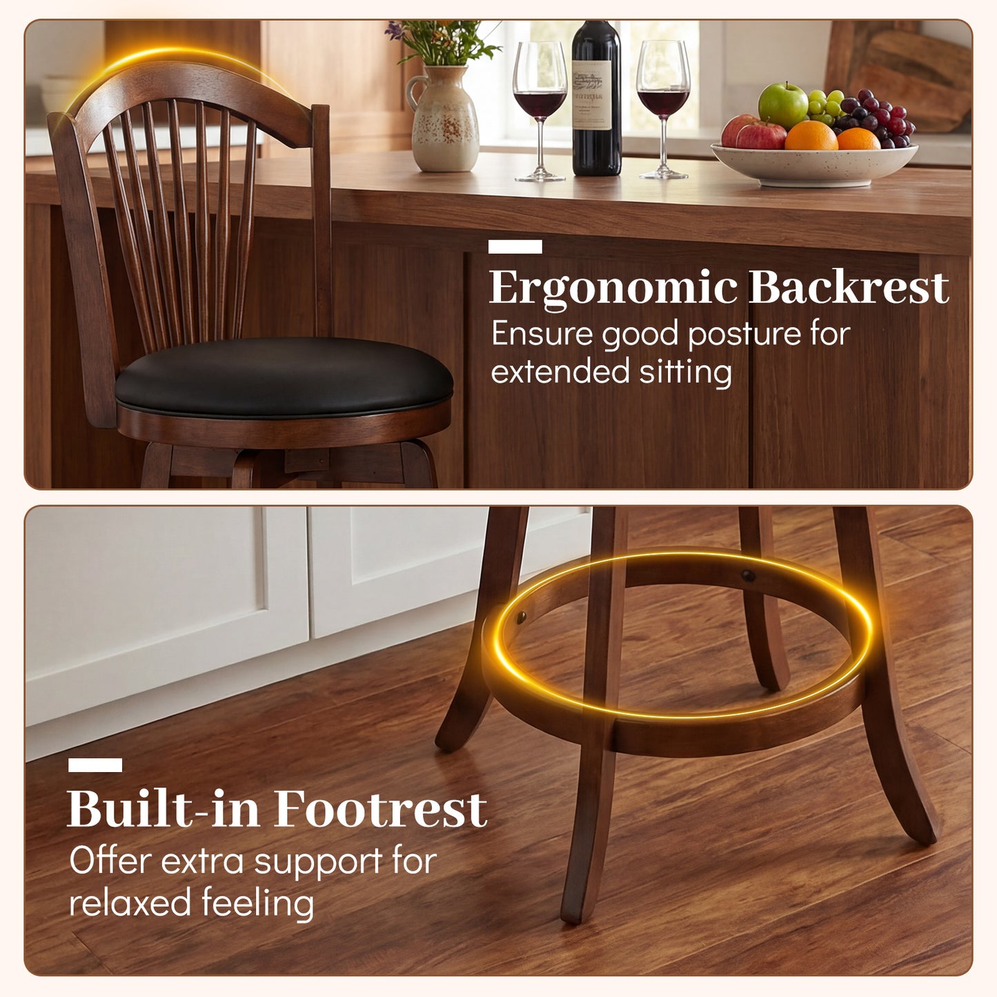 Swivel Bar Stool With Backrest, Wood Frame, 24 Inch Bar Stools at Gallery Canada