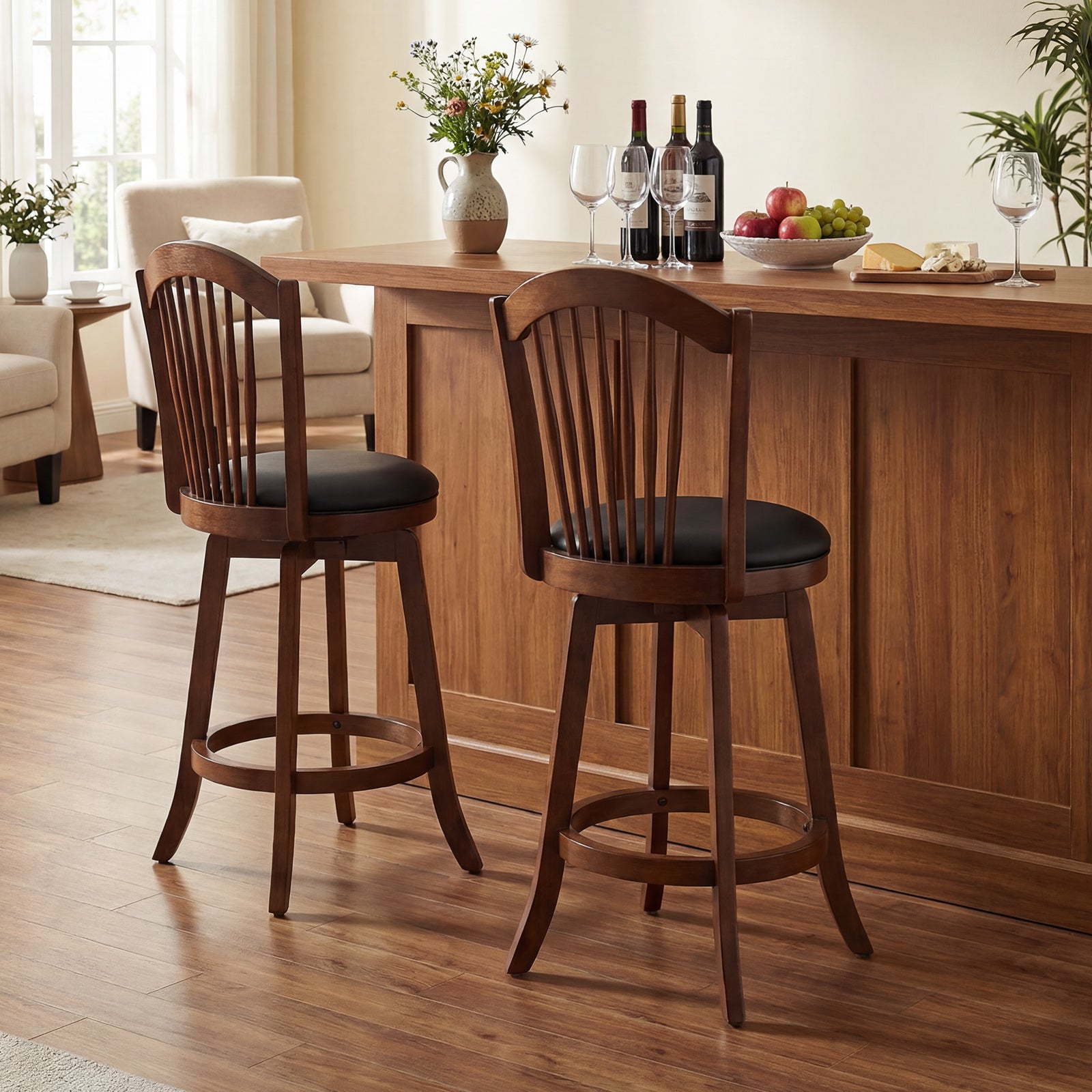 Swivel Bar Stool With Backrest, Wood Frame, 24 Inch Bar Stools at Gallery Canada