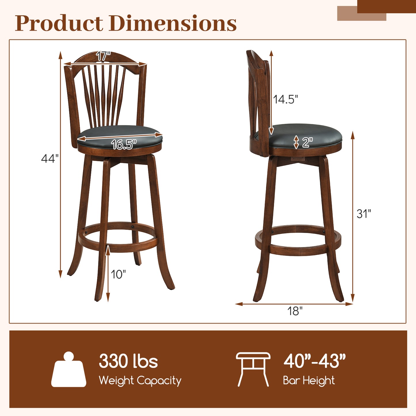 Swivel Bar Stools with Backrests, Wood Frame, 29" Bar Stools at Gallery Canada