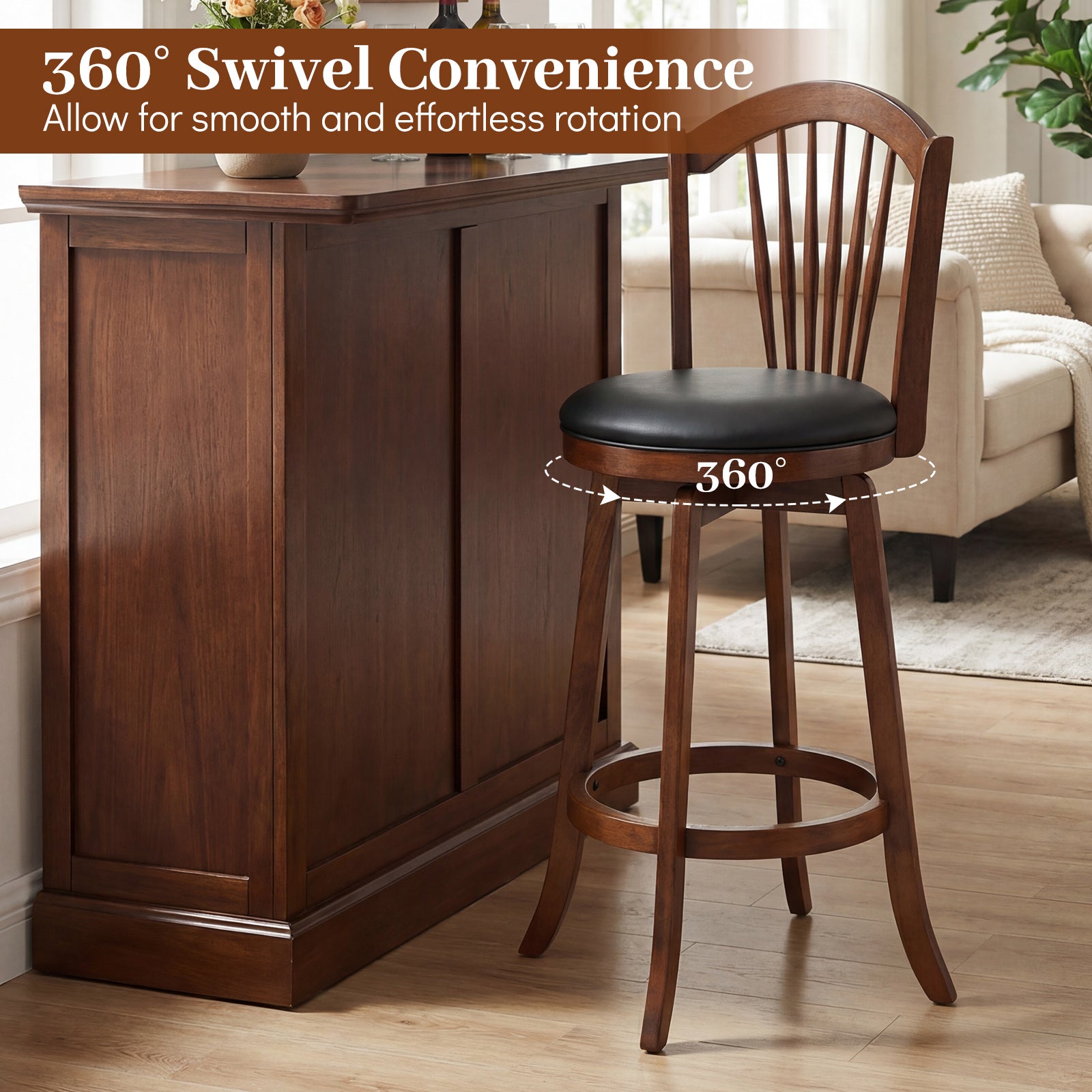 Swivel Bar Stools with Backrests, Wood Frame, 29