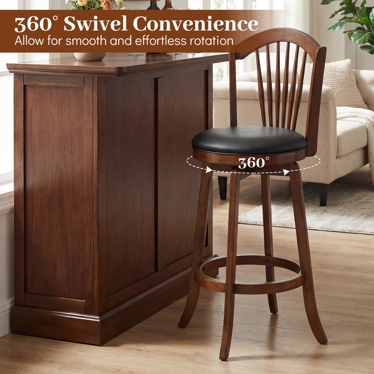 Swivel Bar Stools with Backrests, Wood Frame, 29" Bar Stools at Gallery Canada