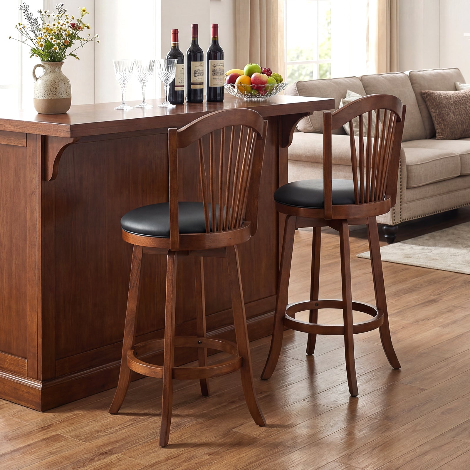 Swivel Bar Stools with Backrests, Wood Frame, 29