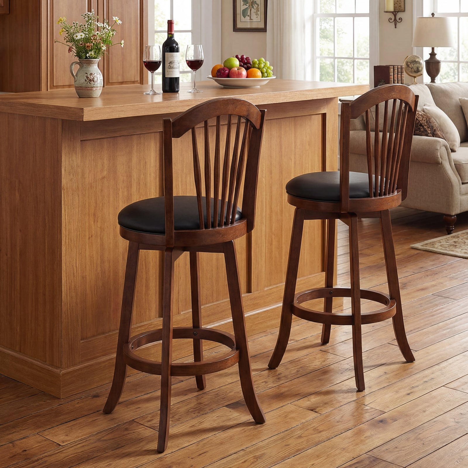 Swivel Bar Stools with Backrests, Wood Frame, 29