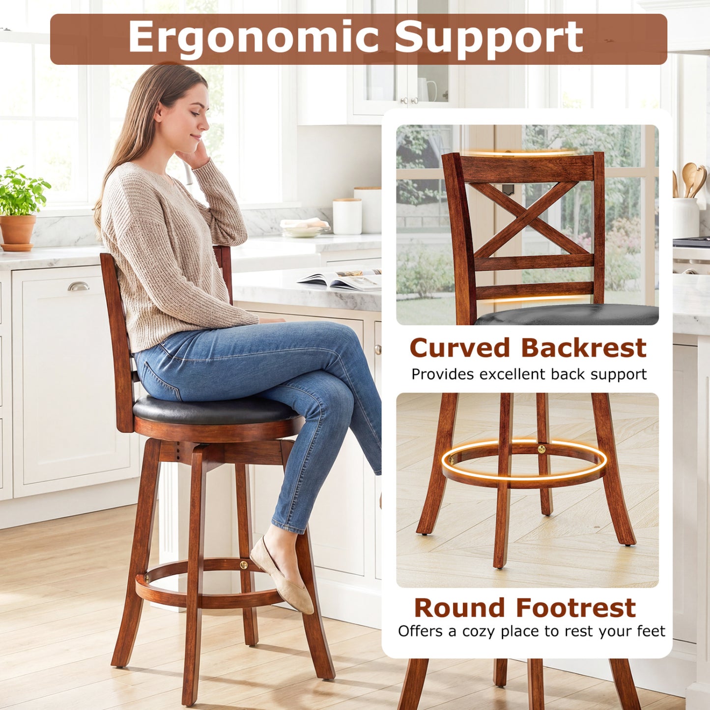Swivel Barstools Set of 2 with Backrest and Footrest-24 Inches Bar Stools at Gallery Canada