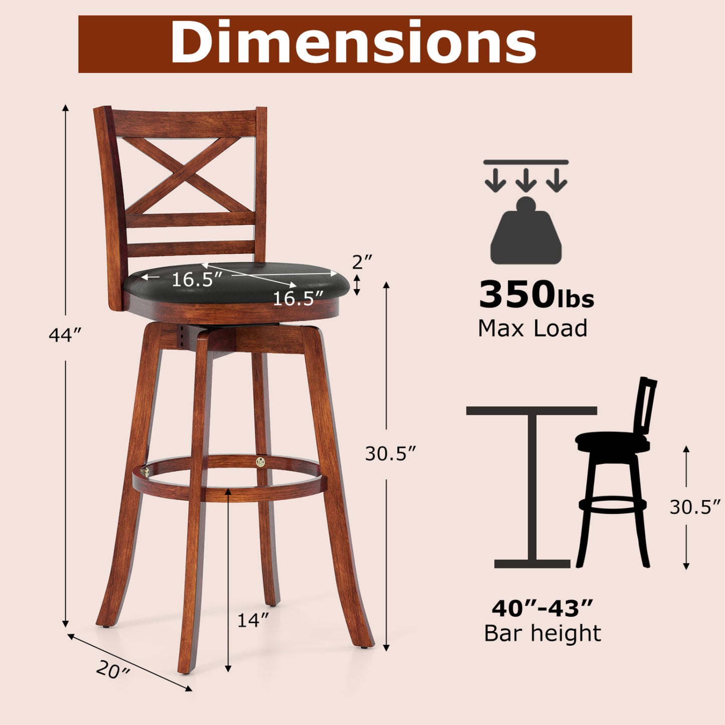 Swivel Barstools Set of 2 with Backrest and Footrest-29 Inches Bar Stools at Gallery Canada