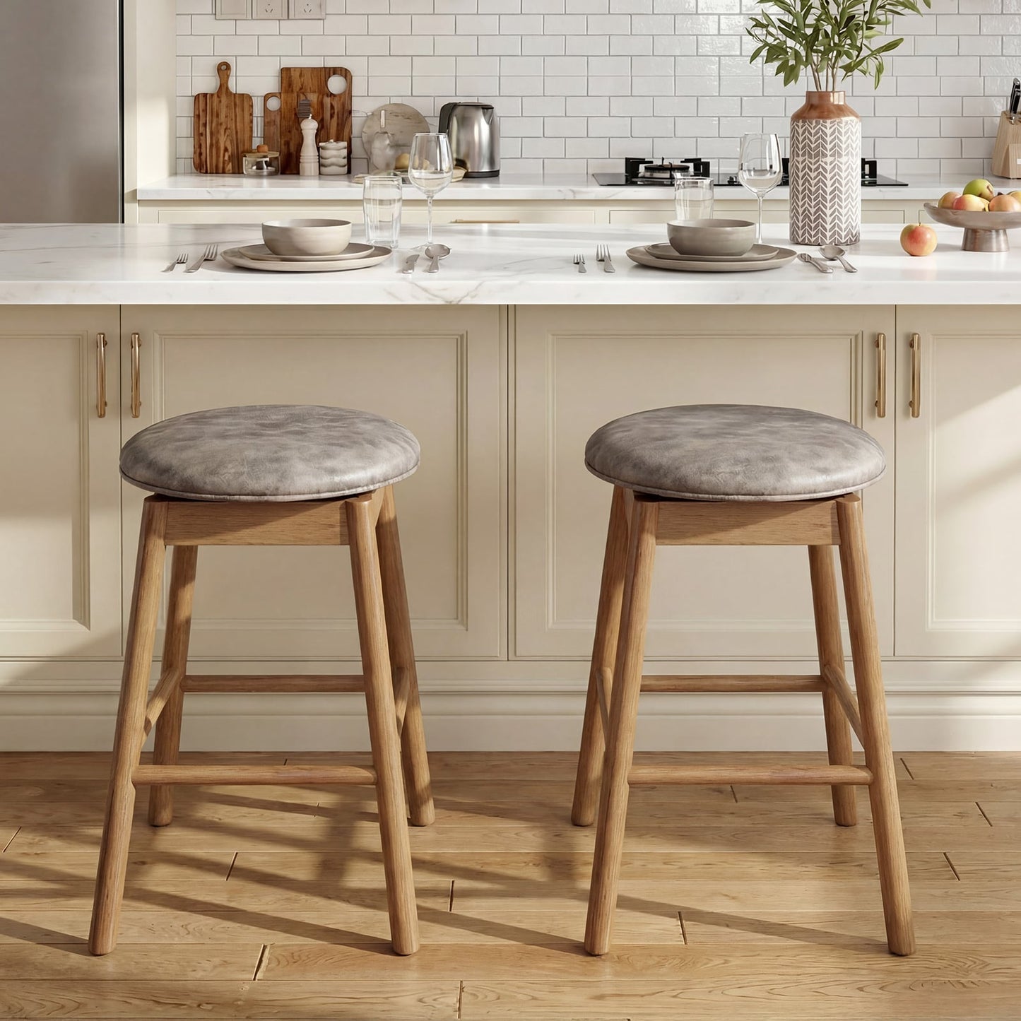 Swivel Counter Height Barstools with Solid Wood Legs and Footrests-Set of 2