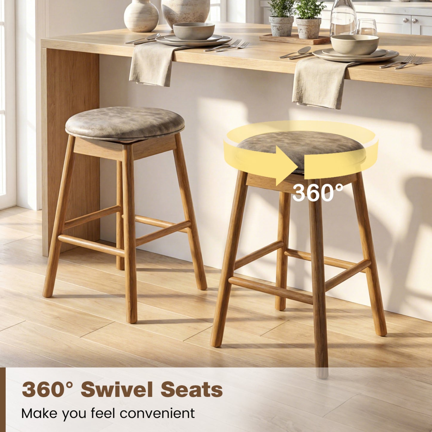 Swivel Counter Height Barstools with Solid Wood Legs and Footrests-Set of 2 Bar Stools at Gallery Canada