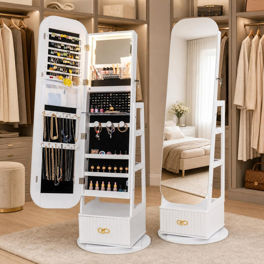 Swivel Jewelry Cabinet, Full-Length Mirror, LED Lights, Storage Shelves, White Jewelry Armoires White at Gallery Canada