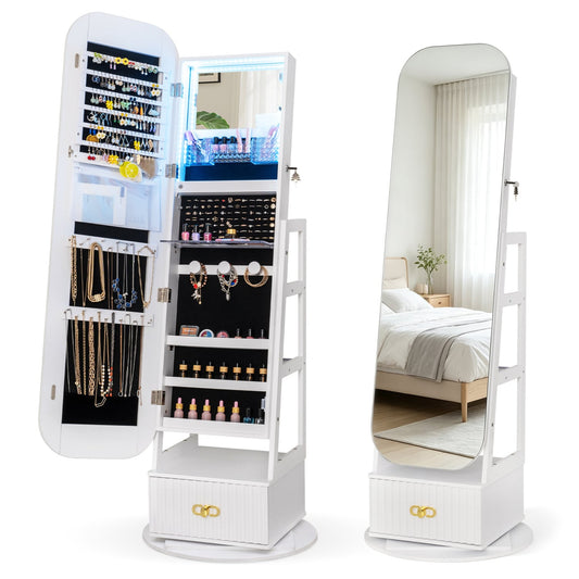 Swivel Jewelry Cabinet, Full-Length Mirror, LED Lights, Storage Shelves, White Jewelry Armoires White at Gallery Canada