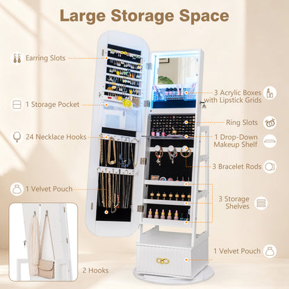 Swivel Jewelry Cabinet, Full-Length Mirror, LED Lights, Storage Shelves, White