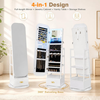 Swivel Jewelry Cabinet, Full-Length Mirror, LED Lights, Storage Shelves, White