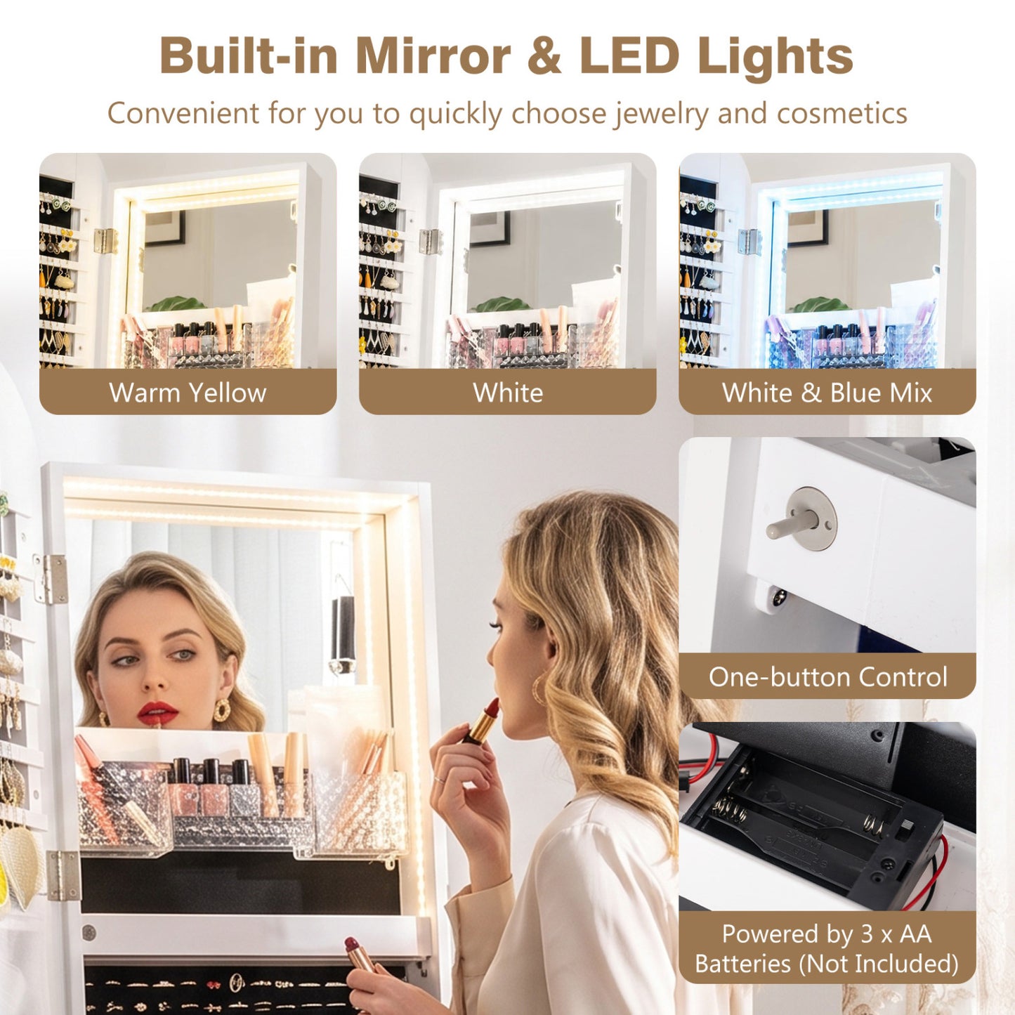 Swivel Jewelry Cabinet, Full-Length Mirror, LED Lights, Storage Shelves, White