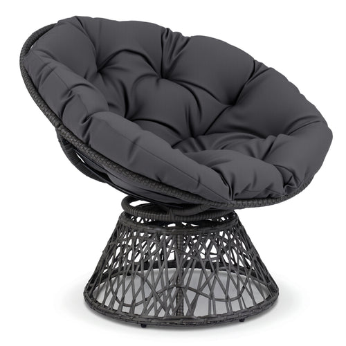 Swivel Papasan Chair, Round Wicker Lounge Chair With Thick Cushion, Gray