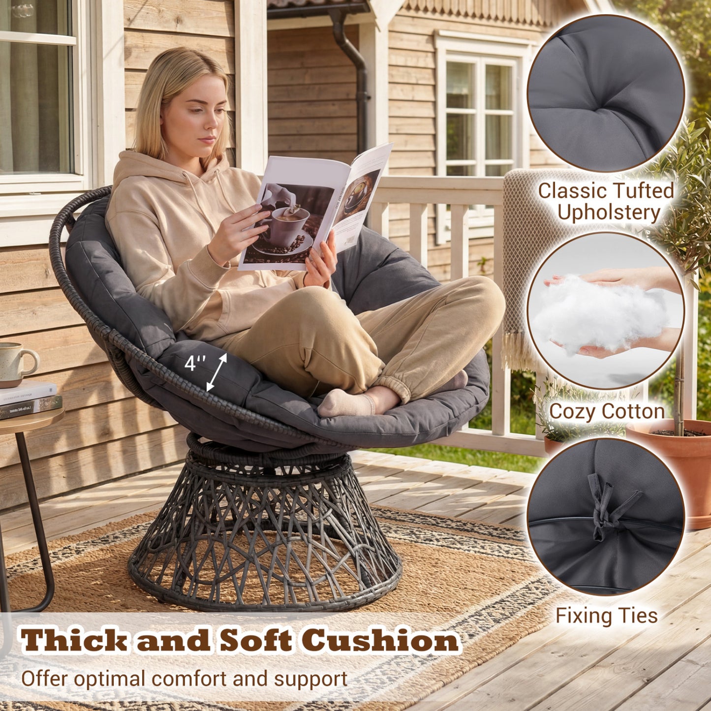 Swivel Papasan Chair, Round Wicker Lounge Chair With Thick Cushion, Gray Accent Chairs at Gallery Canada