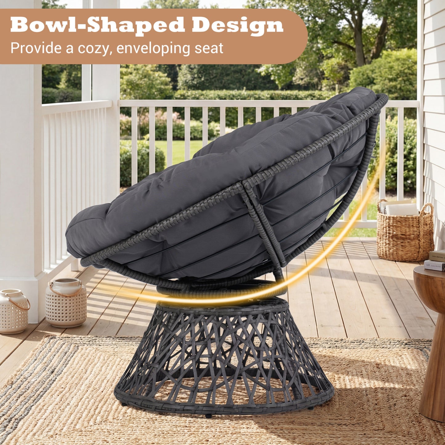 Swivel Papasan Chair, Round Wicker Lounge Chair With Thick Cushion, Gray Accent Chairs at Gallery Canada