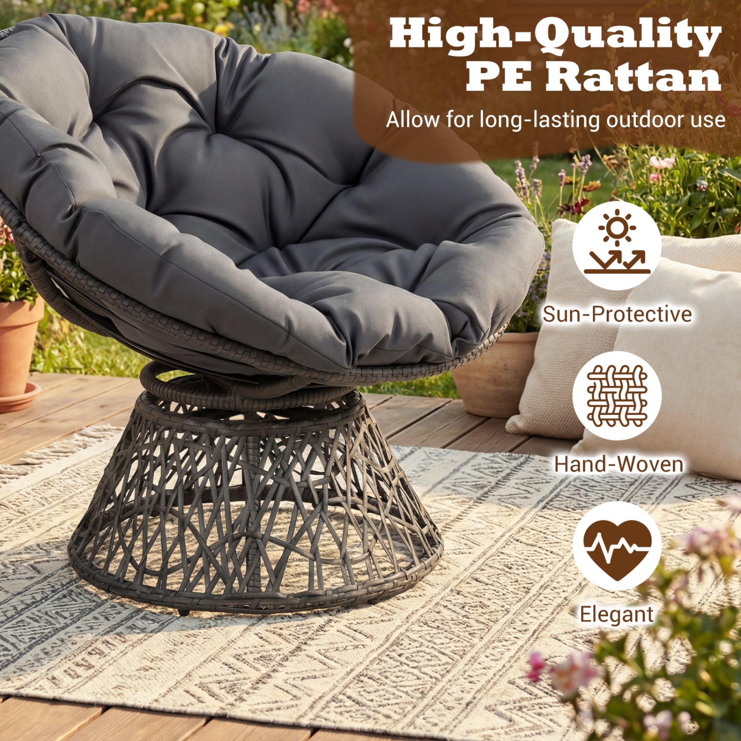 Swivel Papasan Chair, Round Wicker Lounge Chair With Thick Cushion, Gray Accent Chairs at Gallery Canada