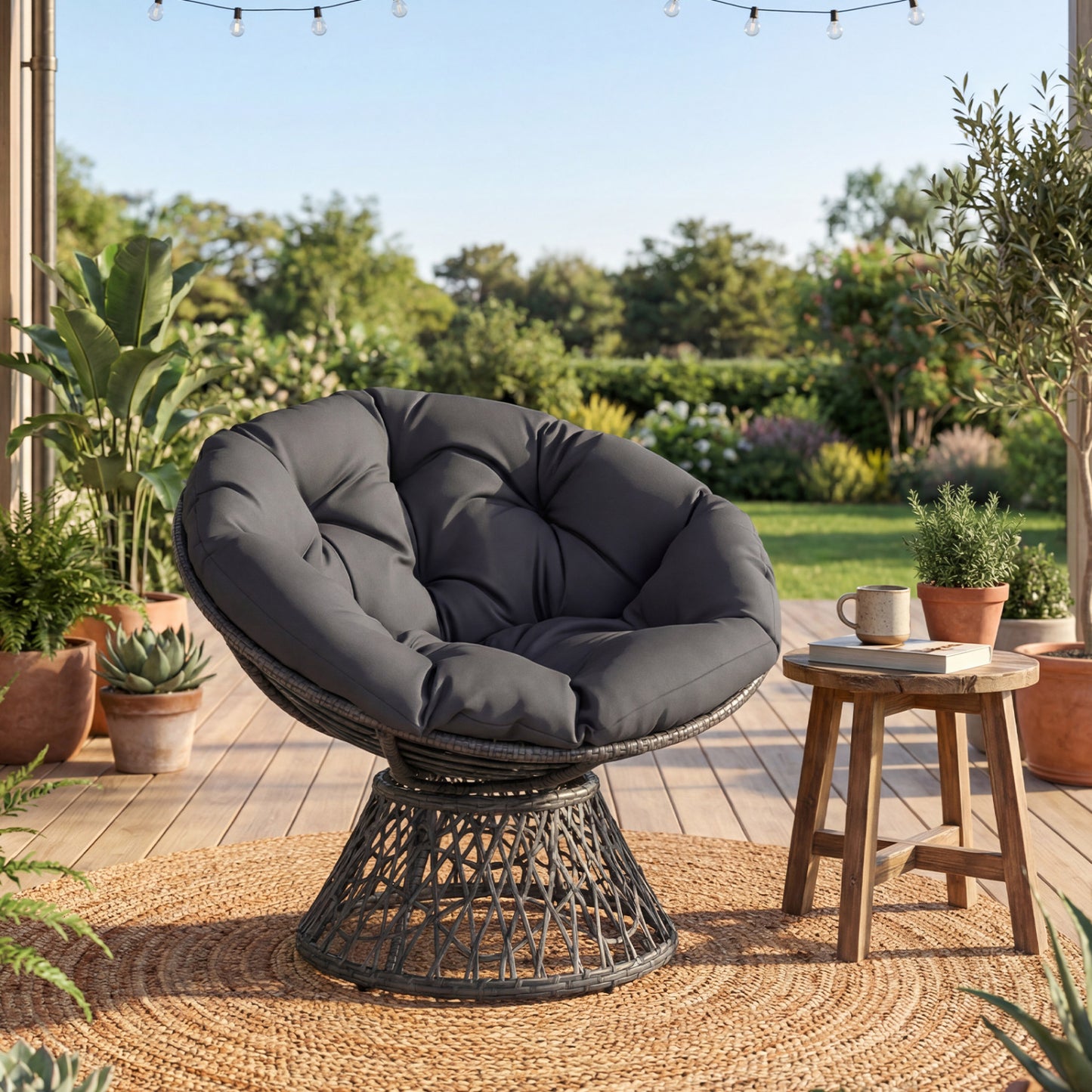 Swivel Papasan Chair, Round Wicker Lounge Chair With Thick Cushion, Gray Accent Chairs at Gallery Canada