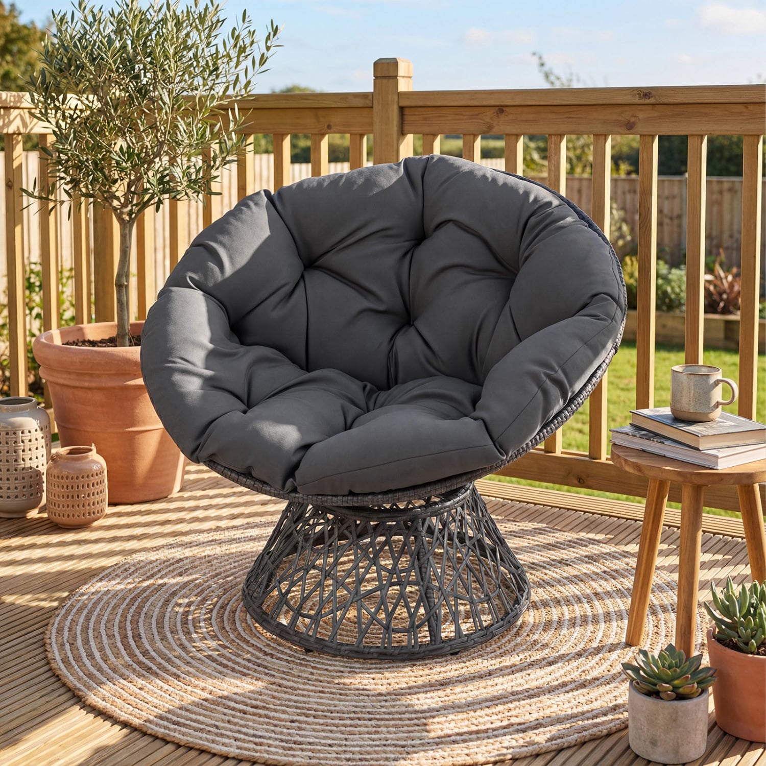 Swivel Papasan Chair, Round Wicker Lounge Chair With Thick Cushion, Gray Accent Chairs at Gallery Canada