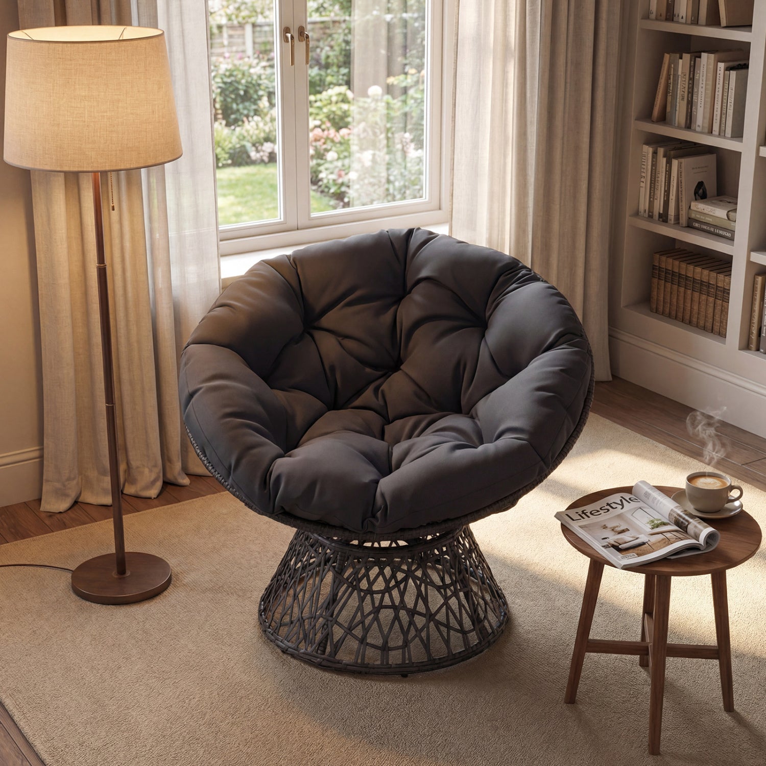 Swivel Papasan Chair, Round Wicker Lounge Chair With Thick Cushion, Gray Accent Chairs at Gallery Canada