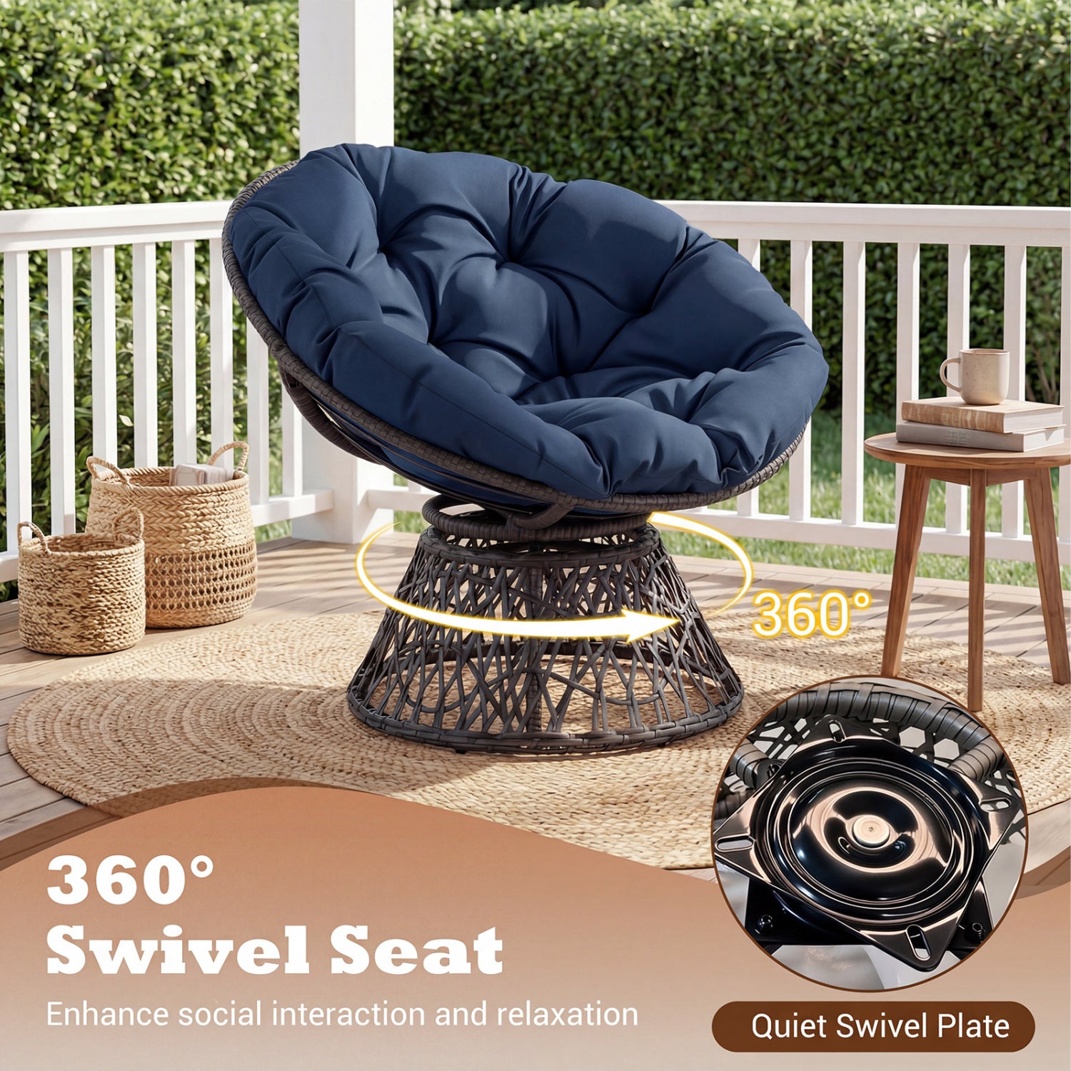 Swivel Papasan Chair, Round Wicker Lounge Chair, Thick Cushion, Navy Accent Chairs at Gallery Canada