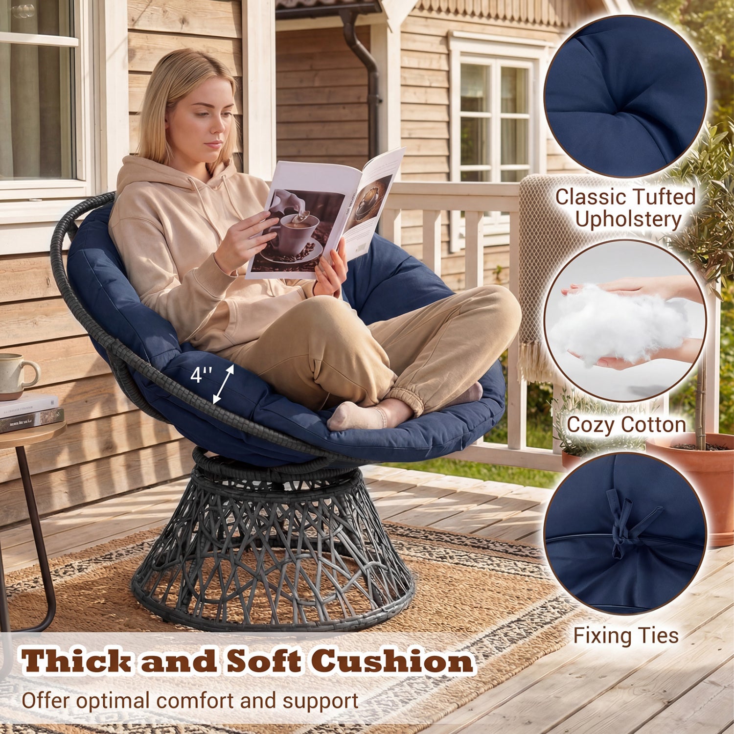 Swivel Papasan Chair, Round Wicker Lounge Chair, Thick Cushion, Navy Accent Chairs at Gallery Canada