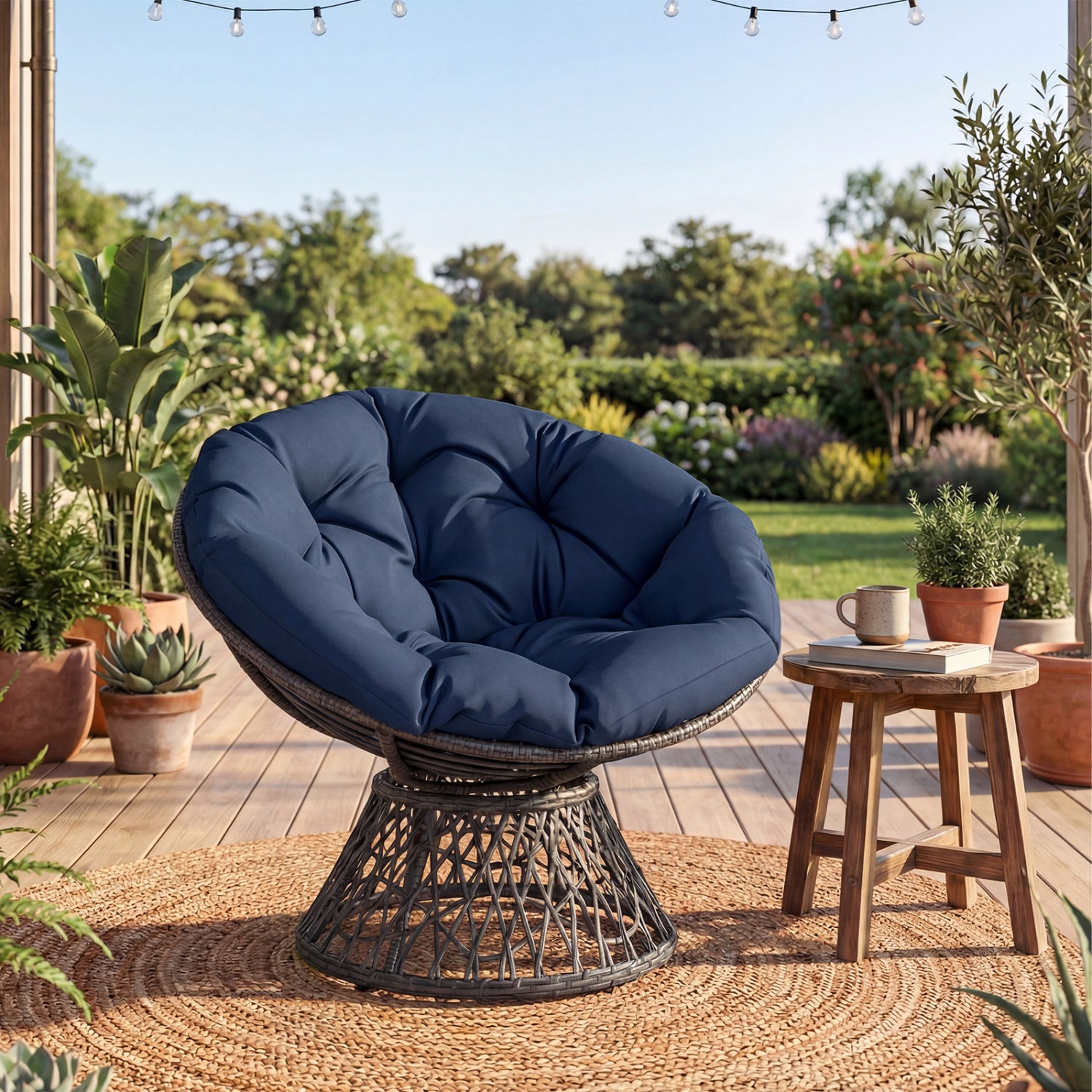 Swivel Papasan Chair, Round Wicker Lounge Chair, Thick Cushion, Navy Accent Chairs at Gallery Canada