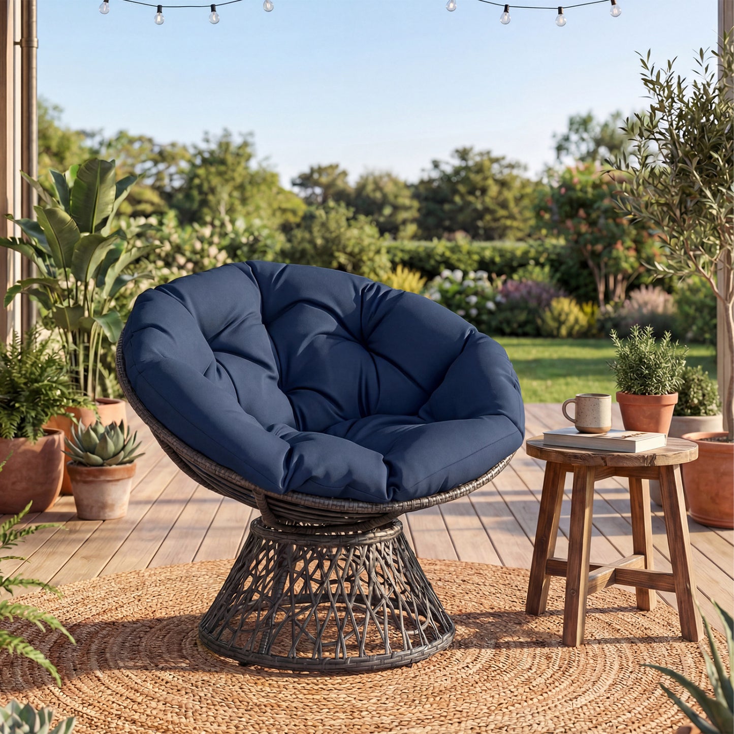 Swivel Papasan Chair, Round Wicker Lounge Chair, Thick Cushion, Navy Accent Chairs at Gallery Canada